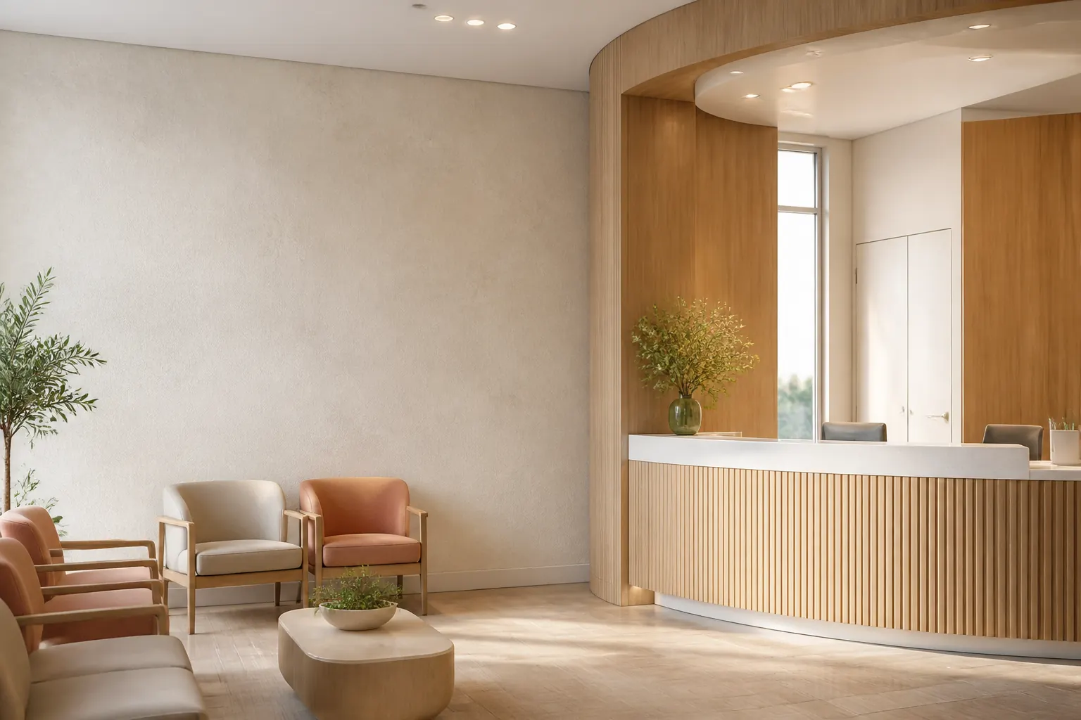Espace d’accueil calme et contemporain d’un établissement de soins