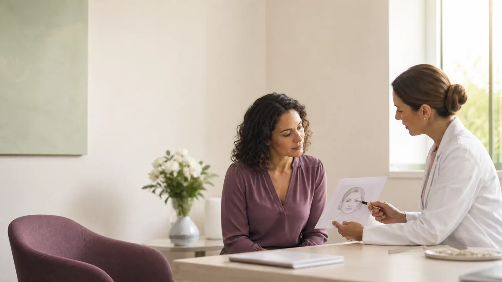 Une patiente et une professionnelle de santé échangent autour d’un schéma pendant une consultation