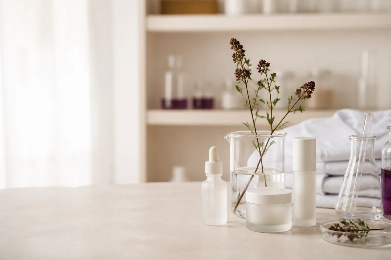 Composition éditoriale évoquant la recherche dermo-cosmétique et la traçabilité des produits