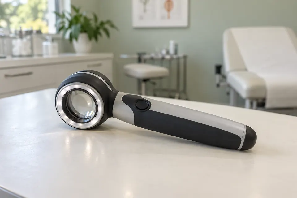 Dermatoscope générique fictif posé sur une table de consultation